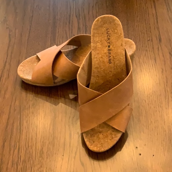 Lucky Brand Tan Cork Wedge Sandals - 8 - Picture 1 of 5